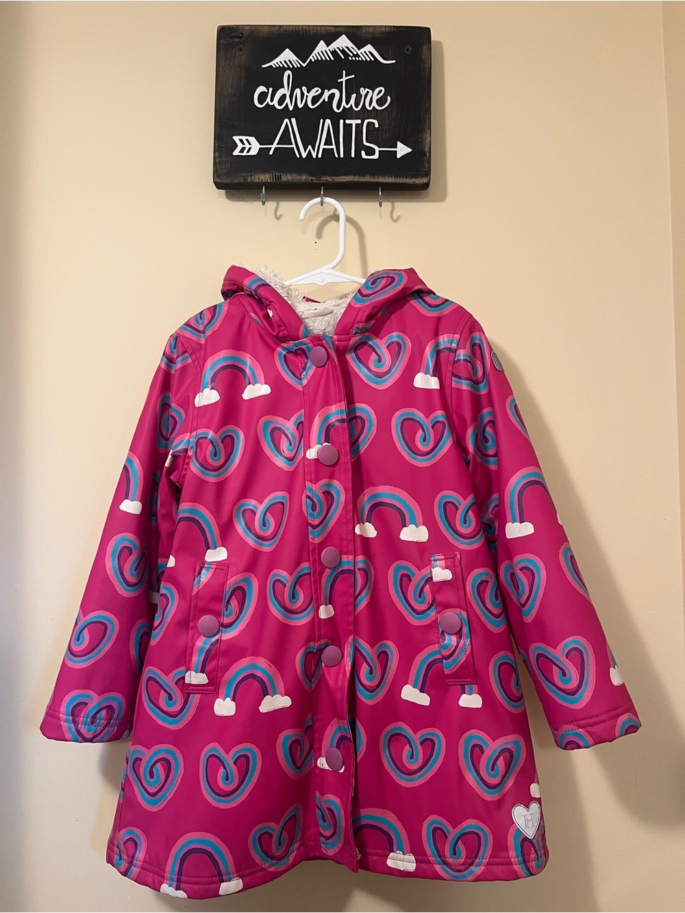 Girls Fleece Lined Hatley Pink Heart & Rainbow Hooded Raincoat